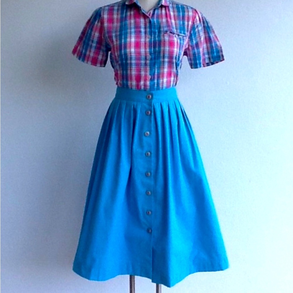 Vintage Sky Blue Button Up A-line Midi Skirt